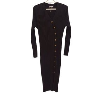 Stitchdrop Ribbed Knit Midi Dress Button Front Long Sleeve Black Size S